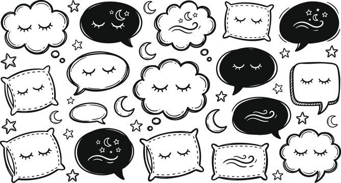 Hand Drawn Sweet Dreams Sleeping Icon Set with Cloud Speech Bubbles Pillows Half Moon and Star Elements for Bedtime Graphic Doodle Designs