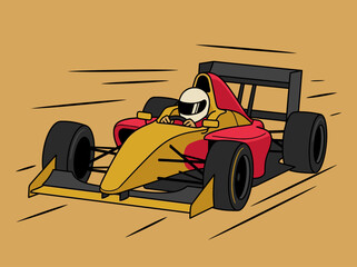 Obraz premium Cartoon Formula 1 Race Car Illustration - Fast Red and Yellow Racing Car Graphic