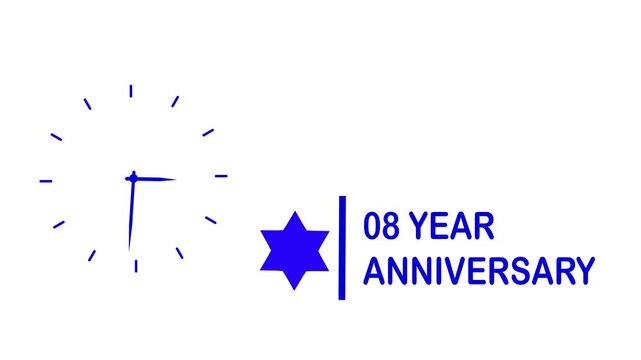 8 year anniversary celebration motion with spinning clock hands, minimalist blue and white for corporate milestone and business event projects