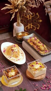 oum ali dessert, baklava, raisin pannacotta, and almond pannacotta are neatly arranged on the table