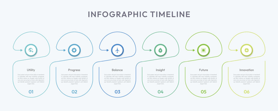 Modern 6 step process infographic template with clean icons, workflow timeline, progress chart, business presentation layout, flowchart elements, data visualization, roadmap, editable vector design.
