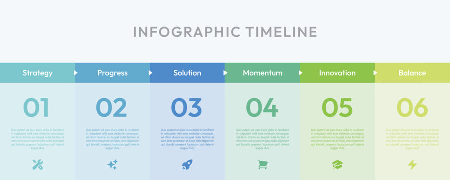 Modern 6 step process infographic template with clean icons, workflow timeline, progress chart, business presentation layout, flowchart elements, data visualization, roadmap, editable vector design.