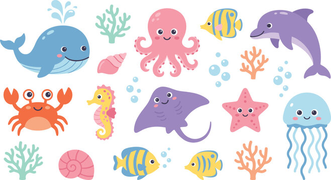 Cute Sea Creatures Cartoon Vector Set with Whale Octopus Dolphin Crab Seahorse and Starfish Illustrations for Kids Nursery Wall Art and Seamless Patterns