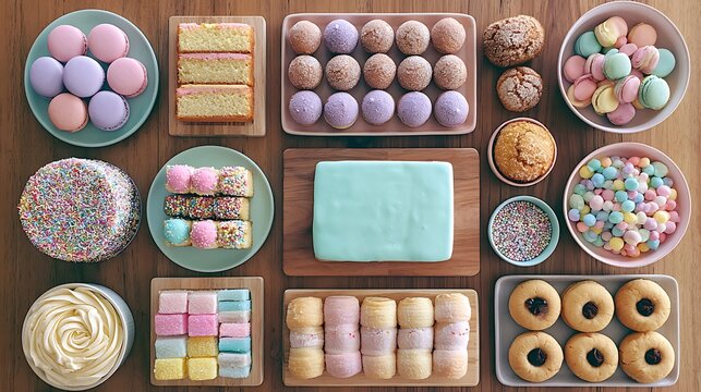 A top-down view of assorted colorful pastel sweets and desserts on a wooden table. Perfect for festive catering and.