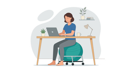 Fototapeta premium Woman working on laptop while sitting on an exercise ball chair at home office desk