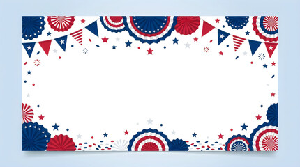 Obraz premium Patriotic paper fan rosettes and bunting flags background for American holiday celebration