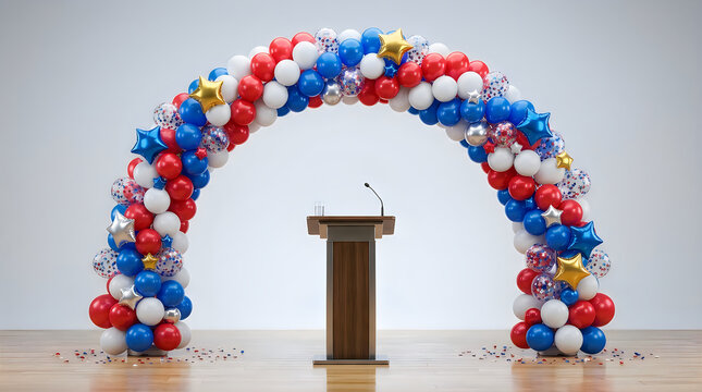 Patriotic balloon arch with a wooden podium for political speeches and celebratory events