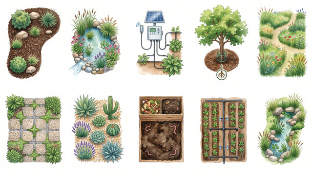 Top View Climate Resilient Landscape Maintenance Kit with Mulch Zones, Stormwater Planting, Irrigation Monitoring, Ecological Tree Care and Botanical Watercolor Vector Isolated on White