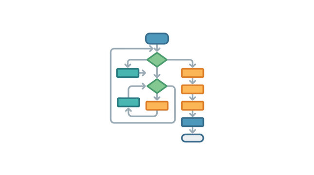 A colorful flowchart diagram illustrating a complex logical process with decision nodes and sequential steps.