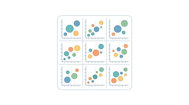 A collection of nine colorful bubble charts displaying various data distributions and trends.
