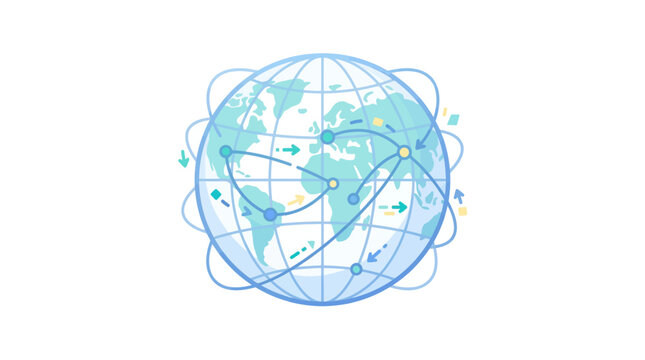 A stylized globe illustration featuring interconnected network nodes and global communication lines.