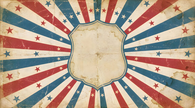 Vintage distressed patriotic poster background with red white blue stripes and star frame