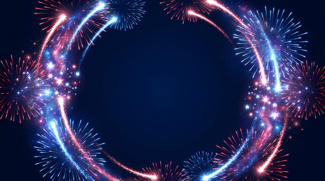 Circular frame of vibrant red and blue fireworks with glowing stars on a dark background