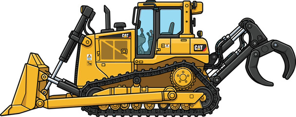 Yellow tracked bulldozer crawler tractor with front blade shovel and rear logging grab grapple claw attachment vector © MdRakib