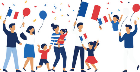 Families celebrating bastille day with flags and balloons.