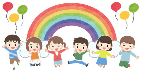 Fototapeta premium ジャンプするかわいい子供たちと虹のイラスト