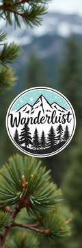 Wanderlust badge with textured pine trees illustration and inspirational lettering, explore, ||Vector illustration