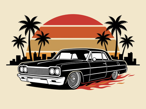 Retro lowrider car illustration featuring a classic silhouette against a striped sunset and palm trees.