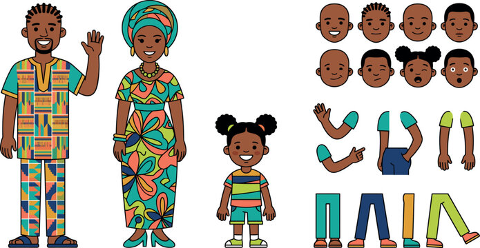 African Family Character Creation Kit with Traditional Clothing Vector Illustration Featuring Customizable Avatar Faces, Arms, and Legs for Animation Designs