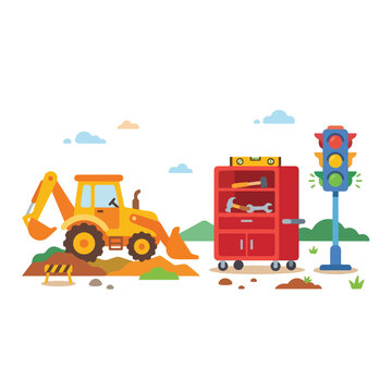 This vibrant vector scene showcases a busy construction site with a yellow backhoe, a red tool chest filled with tools, and a traffic light.
