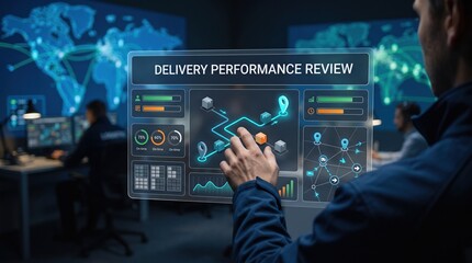 Obraz premium Logistics Management - Delivery Performance Review Interface and Virtual Control Panels