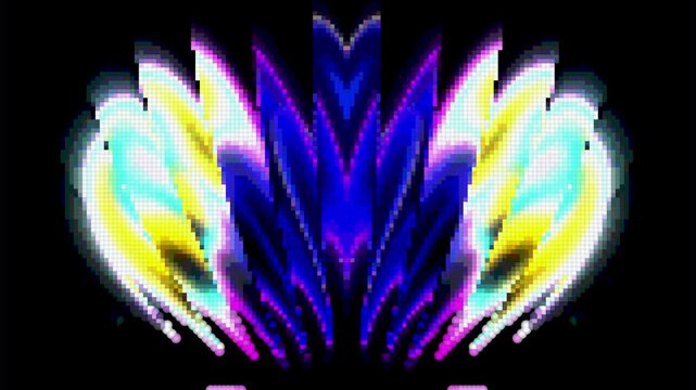 Abstract neon pixel wings digital light burst symmetrical glowing blue purple yellow gradient motion background 4k animation video, perfect for creative media art, stage background, presentation, etc.