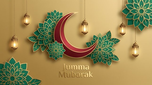 Islamic Friday Greeting Background with Jumma Mubarak Text, Elegant Red Crescent Moon, Green Paper Cut Flowers, and Hanging Lanterns on Gold Background