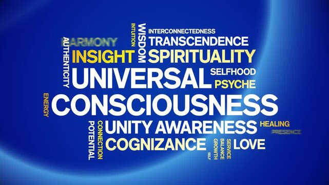 Universal Consciousness animated word cloud-text design animation tag kinetic typography seamless loop.