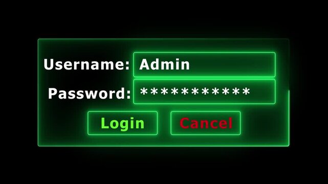 Digital login interface with admin access and password field, glowing green cyber security ui for software development and network authentication concepts