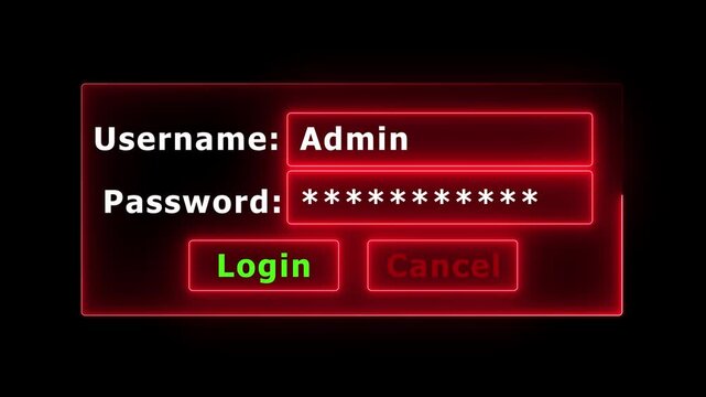 Digital login interface with glowing red neon border, admin username and password field for cybersecurity, software access, and network authentication concepts