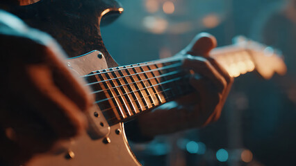 Fototapeta premium Close-up of hands playing electric guitar.