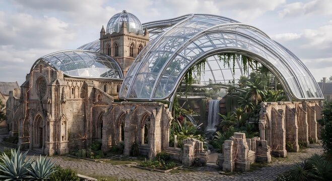 Historic Gothic stone cathedral ruins integrated with a futuristic solarpunk glass bio dome featuring lush tropical gardens and a cascading waterfall