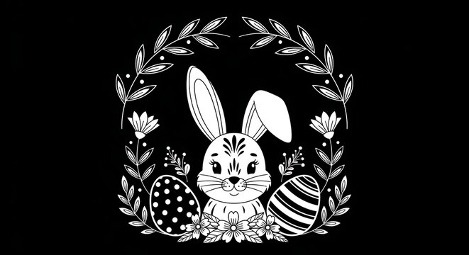 Vintage style illustration of a rabbit with easter eggs surrounded by floral botanical elements in black and white