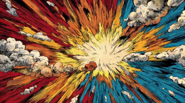 Comic book explosion background. Pop art style blast with dynamic rays and smoke clouds.