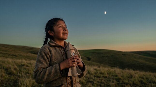 Young highland schoolgirl holds a handmade cardboard rocket beneath the twilight moon, drawing courage from open mountain scenery during a calm evening as she imagines a future among the stars