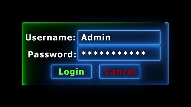 Digital login interface with glowing neon border, secure admin access screen, cyber security authentication concept for software and web development