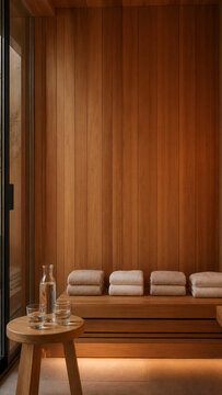 Warm modern sauna interior with vertical wood paneling, folded towels, water carafe and glasses, creating a calm luxury wellness setting.