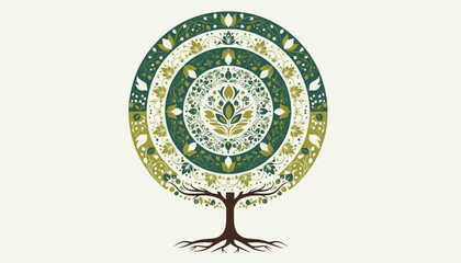 Naklejka premium Majestic tree of life designed as a circular mandala with intricate green and gold botanical patterns on cream background.