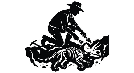 Paleontologist Dig Site Silhouette Black And White Illustration © asma