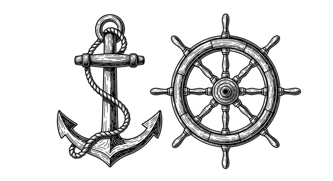Vintage nautical illustration featuring a detailed ship's wheel and a classic anchor with rope