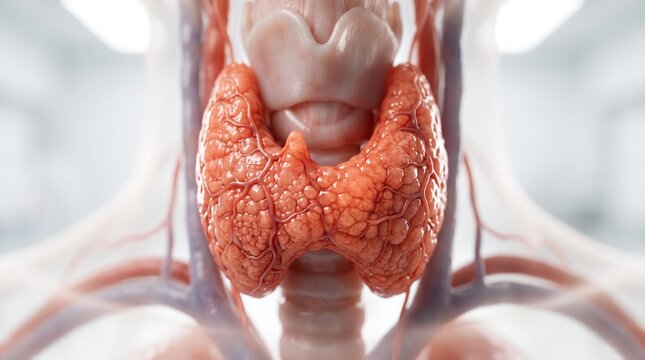 Detailed 3d medical illustration of the human thyroid gland anatomy showing the lobes isthmus and surrounding vascular structures in high resolution with blurred background surrounding
