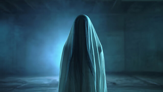 a ghostly figure in a blue room.