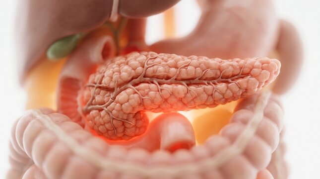Detailed 3d medical illustration of human pancreas and digestive system anatomy showing glowing internal structures for educational and clinical research purposes on white background