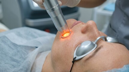Fototapeta premium Doctor performing laser facial treatment on patient skin with protective eyewear for rejuvenation therapy.