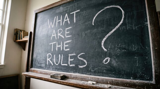 Black Chalkboard with What Are The Rules Text and Question Mark in Classroom Setting with Natural Light