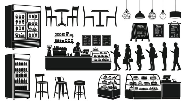 Black silhouette vector set of coffee shop interior furniture people with collection black silhouettes illustration