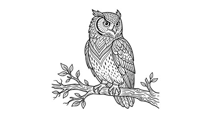 Obraz premium Intricate black and white line art illustration of a majestic owl perched on a tree branch.