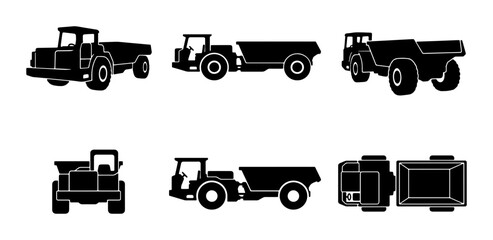 Heavy Duty Dump Truck Icons, Mining Vehicle Silhouettes, Construction Hauler Vector Set © Zarin