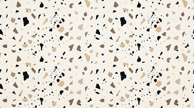 Off white terrazzo pattern with black brown and beige chips and speckles texture background abstract