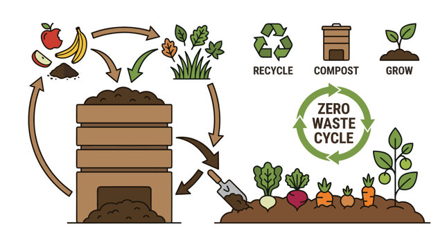 Circular diagram of home composting process from waste to garden.